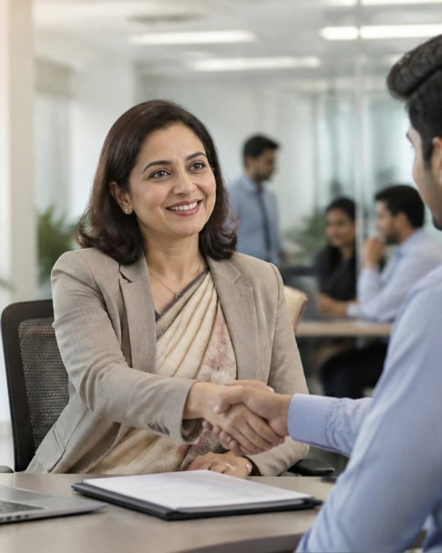 An HR manager welcoming a new employee on his first day at an Indian office